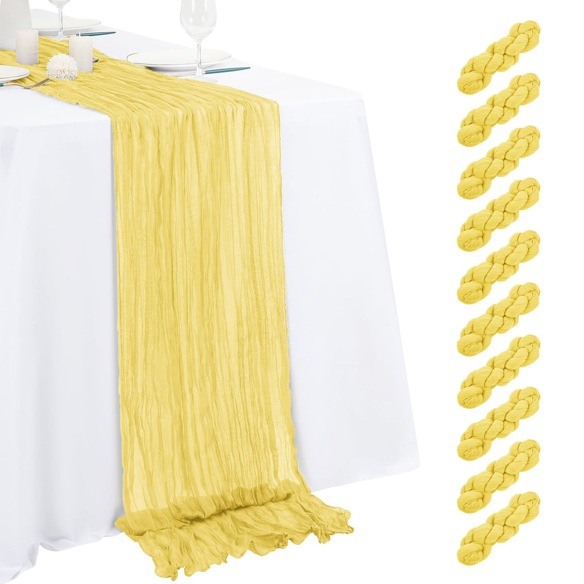 10 Pack Light Yellow Cheesecloth Table Runner 17x108 Inch Semi Sheer Boho Gauze Cheese Cloth Table Runners, for Wedding Bridal Shower Birthday Party Home Decor Garden Farmhouse