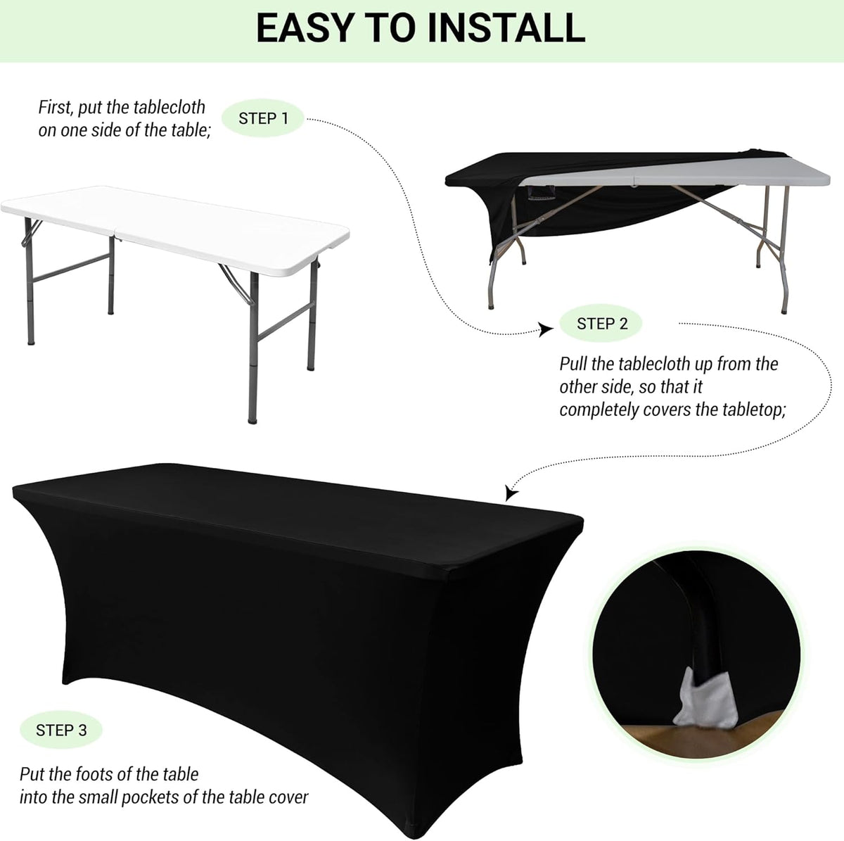 Obstal 6 Pack Stretch Spandex Table Covers for 6 Foot Tables, Black