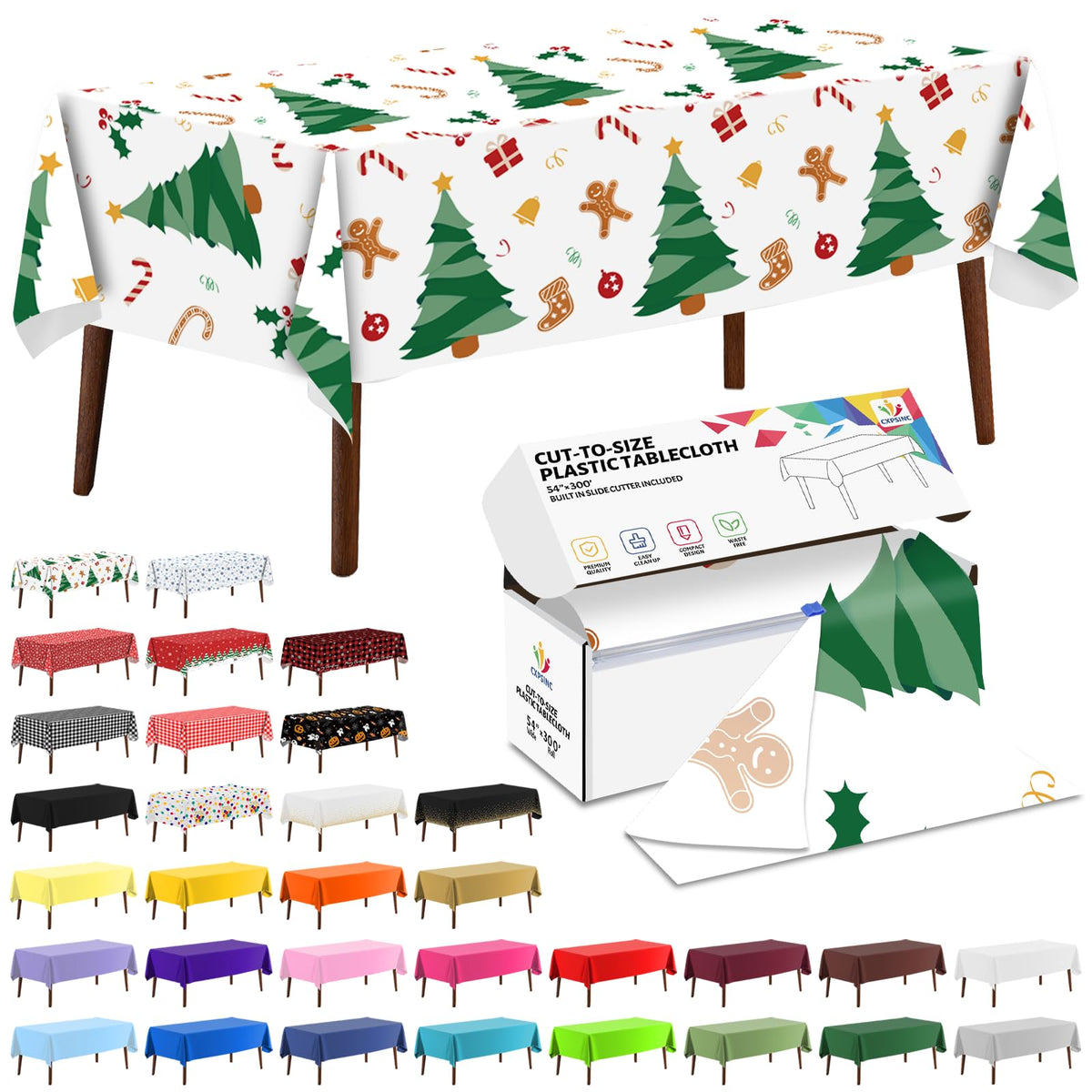 CXPSINC White Plastic Table Cloth Disposable Tablecloth Roll 54 Inch X 300 Feet Plastic Table Cover Roll with Slide Cutter for Picnics, Parties, Banquet, Birthdays, Weddings