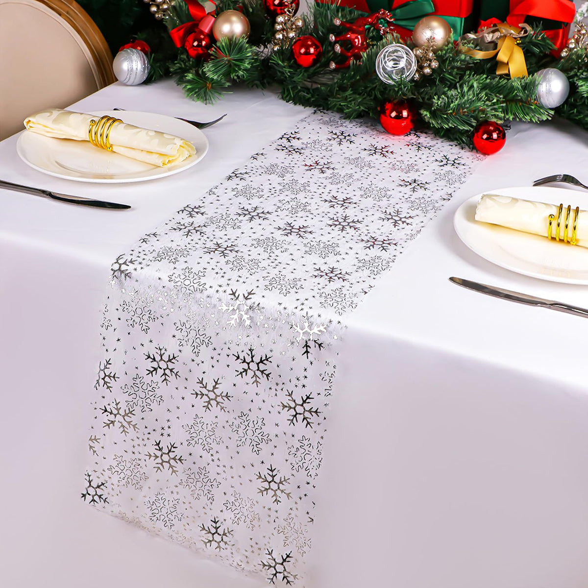 Snowkingdom 2 Pcs Gold Table Runner, Sequin Glitter Metallic Foil Thin Mesh Sparkly Runner Roll 11"x108", Gold Birthday Party Decorations, for Event Wedding Showers Christmas Thanksgiving Festive