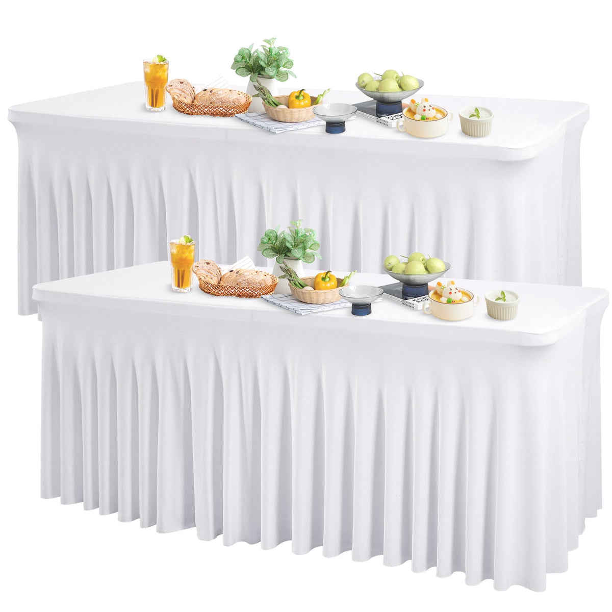 Wish Care 2 Pack Ivory Spandex Table Clothes for 6 Foot Rectangle Tables, 6FT Wrinkle Free Fitted Tablecloths Ruffles Design Table Cover for Party, Banquet, Wedding and Events