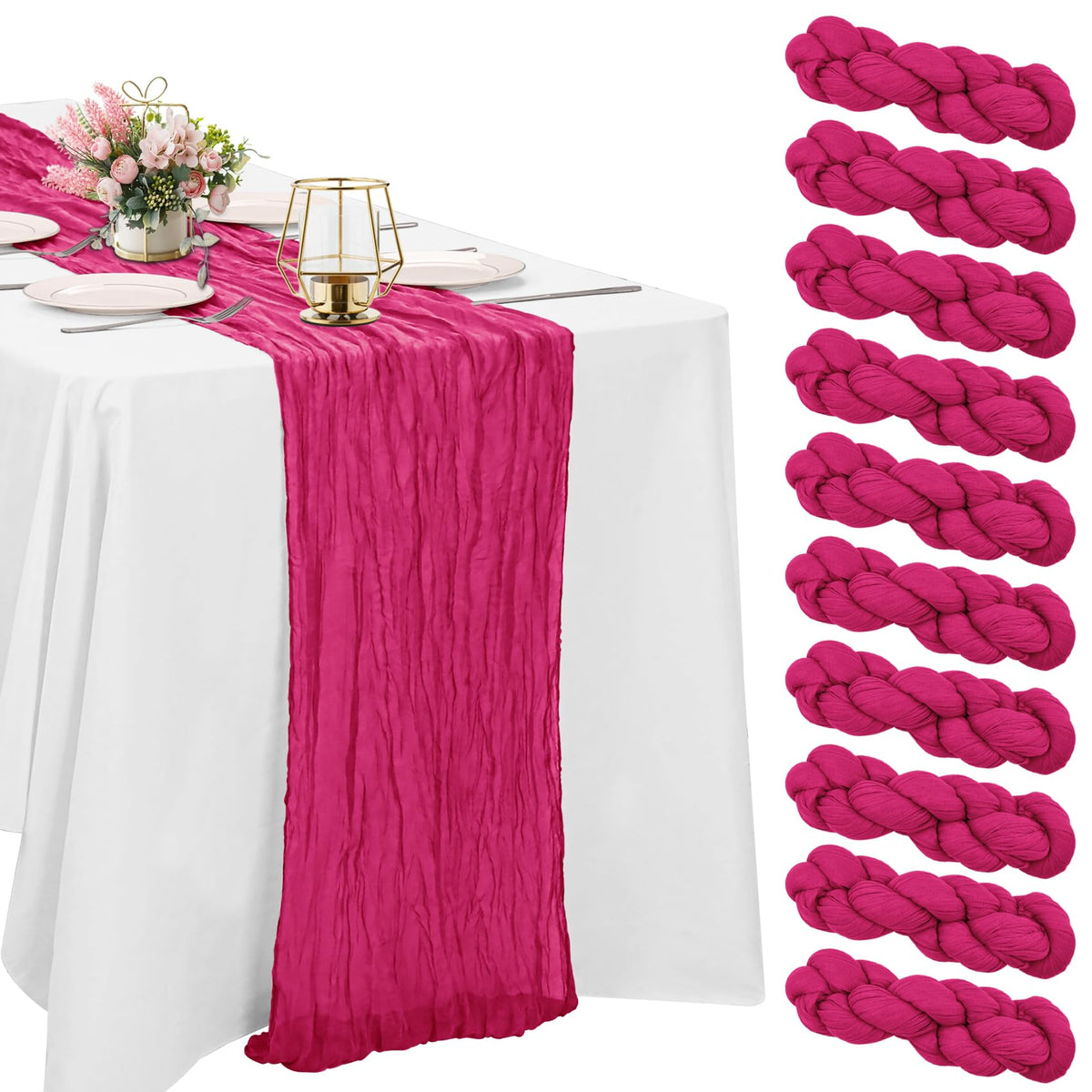 10 Pack Dusty Pink Cheesecloth Table Runner 10FT Boho Gauze Fabric Table Runner Vintage Rustic Sheer Runners for Wedding Party Bridal Baby Shower Long Table Decorations