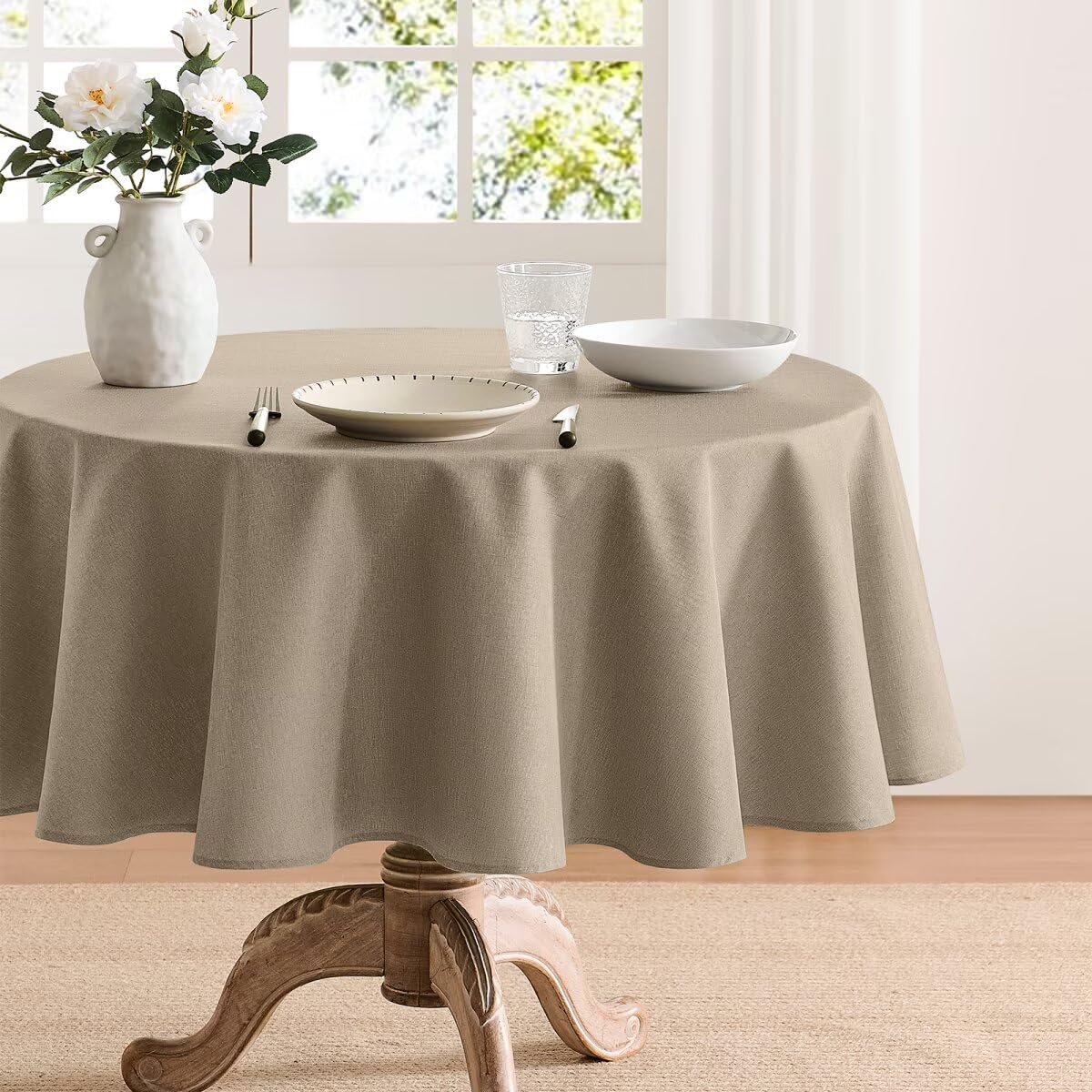Faux Linen Tablecloths for Rectangle Tables, Burlap Textured Table Cloths Washable Farmhouse Table Cover Water Resistant for Dining, Wedding, Outdoor(Khaki, 52"×70")