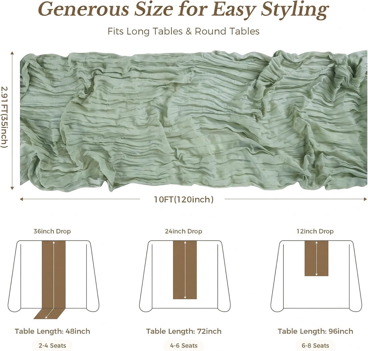 Goodluck 10 Pack 10Ft Sage Green Cheesecloth Table Runner 35x120 Inch Boho Gauze Table Runner Cheese Cloth Extra Long Romantic Table Runners for Wedding Bridal Shower Birthday Party Table Decor