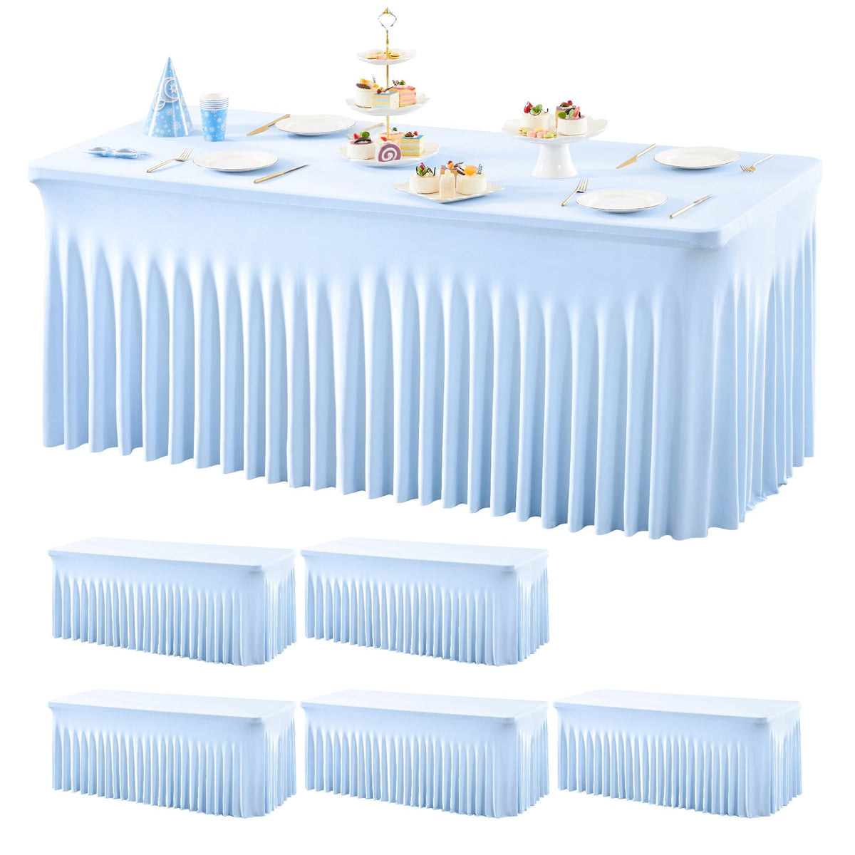 Wish Care 2 Pack Ivory Spandex Table Clothes for 6 Foot Rectangle Tables, 6FT Wrinkle Free Fitted Tablecloths Ruffles Design Table Cover for Party, Banquet, Wedding and Events