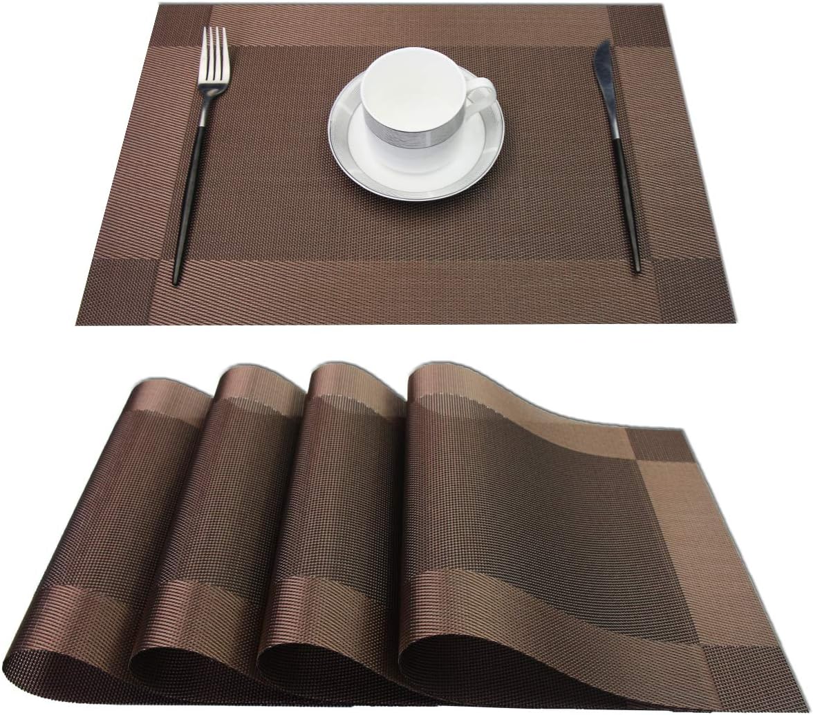 PIGCHCY Place Mats Heat-Resistant Non Slip Placemats Washable Easy to Clean Woven Vinyl Placemats for Dining Table (Set of 4, Brown)