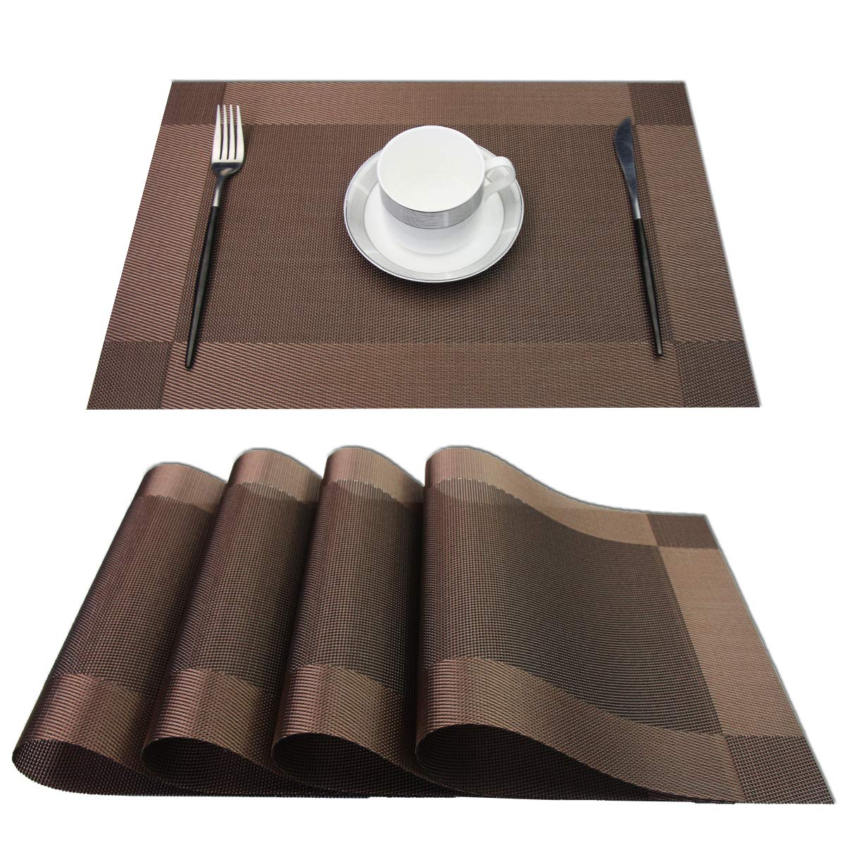 PIGCHCY Place Mats Heat-Resistant Non Slip Placemats Washable Easy to Clean Woven Vinyl Placemats for Dining Table (Set of 4, Brown)