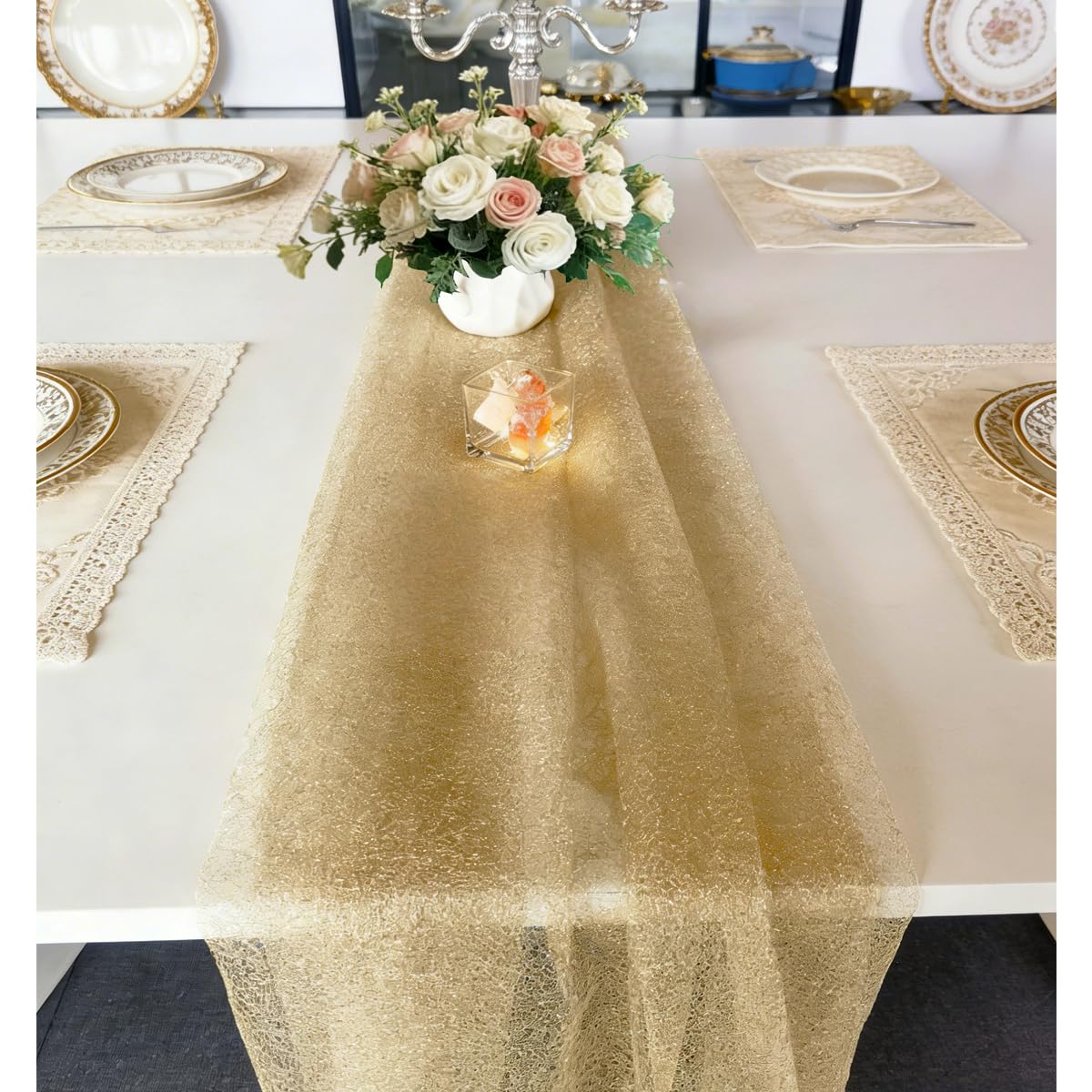 MANGATA CASA 2pcs 10FT Boho Tulle Cheesecloth Table Runner, Sheer Decor for Wedding Birthday Graduation Party（Gold-28"x120"
