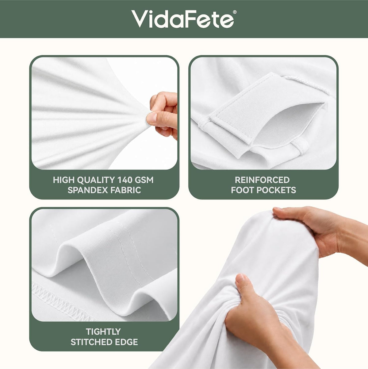 VidaFete Classic Series 140GSM Spandex Tablecloth 2Pcs, 6ft, White