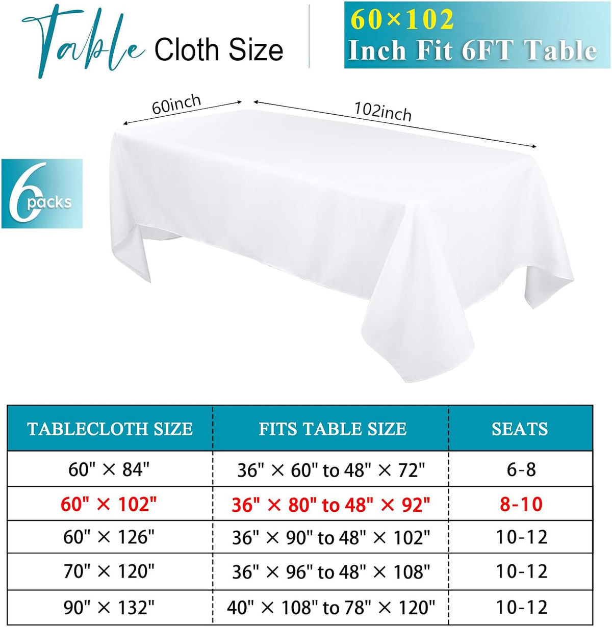 Kesfey 6 Packs White Table Cloths Rectangle 60 x102 inch High Density Washable Polyester Fabric White Tablecloths for 6 Foot Tables Rectangle Wrinkle Resistant Tablecloth for Parties Wedding Banquet