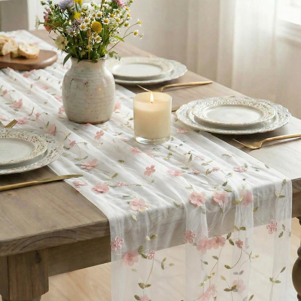 Artoid Mode Pink 3D Flower Gauze Embroidery Table Runner 120 Inch 10FT