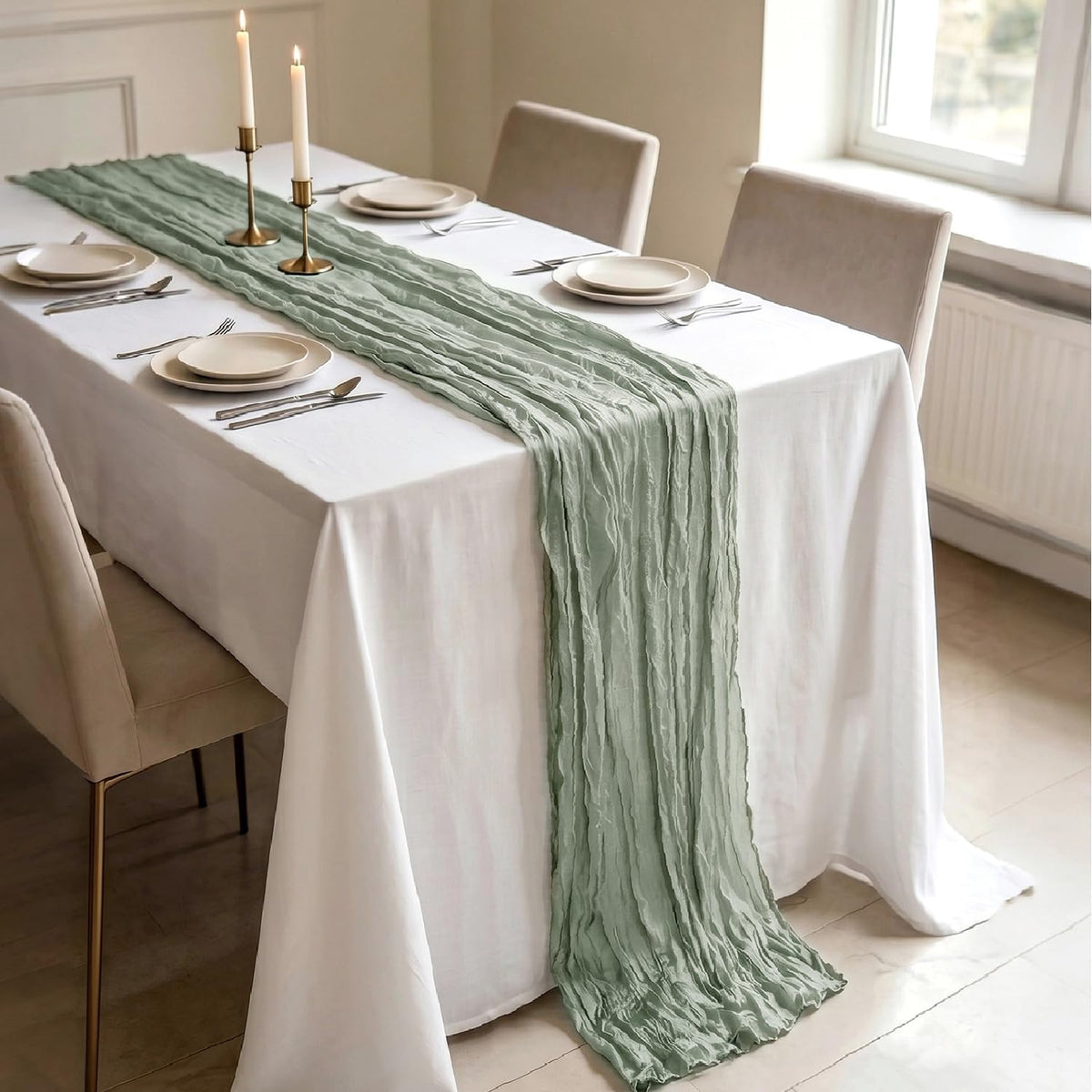 10 Pack Sage Green Cheesecloth Table Runner 21 x 120 Inch Boho Gauze Sheer Table Runner 10FT Long for Wedding Baby Shower Bridal Shower Easter Holiday Birthday Home Decor