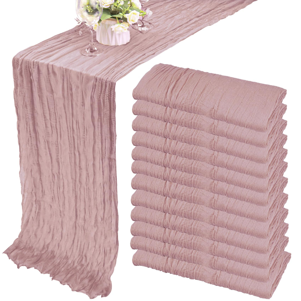 12 Pack 10Ft Cheesecloth Table Runner 35x120 Inch Boho Gauze Rustic Cheese Cloth Long Romantic Table Runner for Wedding Bridal Shower Birthday Party Table Decor (Beige)