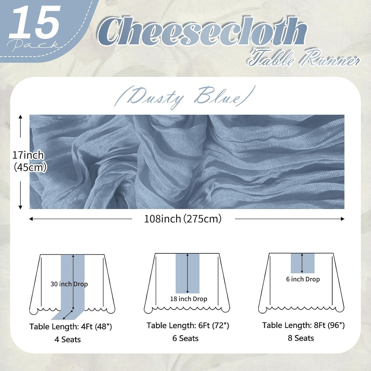 15 Pack Dusty Blue Cheesecloth Table Runner 17 x 108 inch Cheese Cloth Table Runners 9ft Blue Table Runner Rustic Romantic Sheer Gauze Runner for Wedding Party Baby Shower Table Decoration