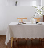 100% French Flax Linen Tablecloths Scalloped Embroidery Rectangle 132Lx60W Inch for Dinners, Parties, Spring, Machine Washable, 12-14 Sets, Linen(Edges-Gold)