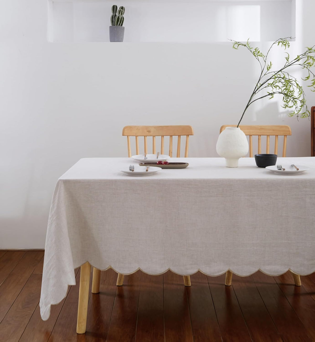 100% French Flax Linen Tablecloths Scalloped Embroidery Rectangle 132Lx60W Inch for Dinners, Parties, Spring, Machine Washable, 12-14 Sets, Linen(Edges-Gold)