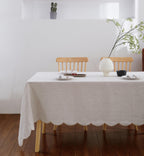 100% French Flax Linen Tablecloths Scalloped Embroidery Rectangle 132Lx60W Inch for Dinners, Parties, Spring, Machine Washable, 12-14 Sets, Linen(Edges-Gold)
