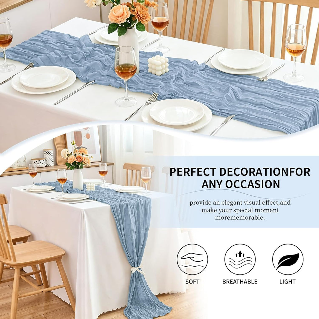 10 Pack Dusty Blue Cheesecloth Table Runner, 17x108 Inch Semi Sheer Boho Gauze Cheese Cloth Fabric Table Runners for Wedding Party Baby Shower Birthday Garden Farmhouse Table Decor