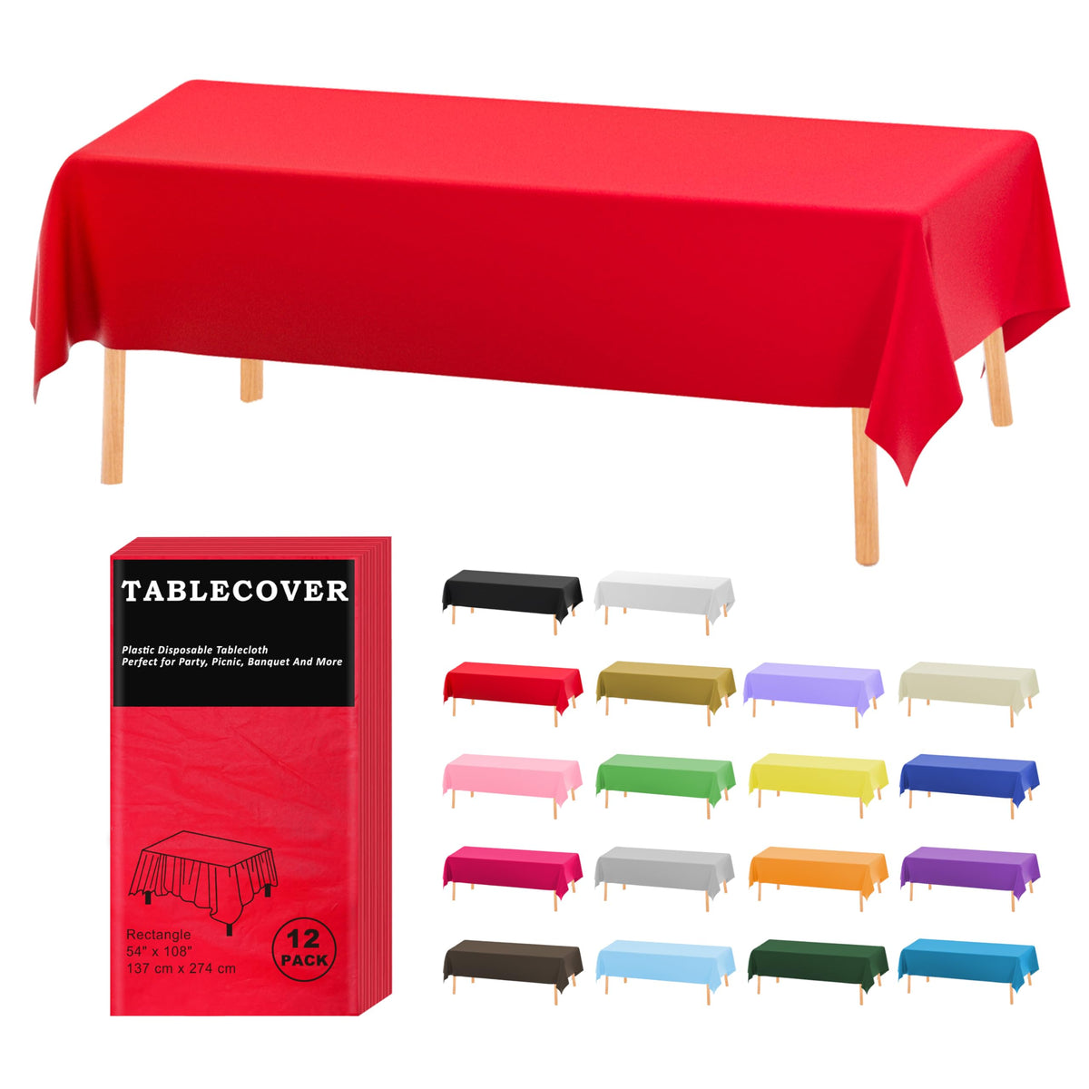 D&Z 12 Pack Black Disposable Plastic Tablecloth 54"x108" Table Cover