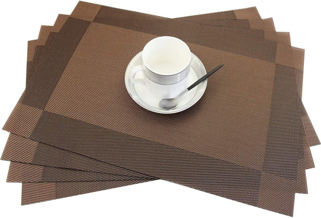 PIGCHCY Place Mats Heat-Resistant Non Slip Placemats Washable Easy to Clean Woven Vinyl Placemats for Dining Table (Set of 4, Brown)