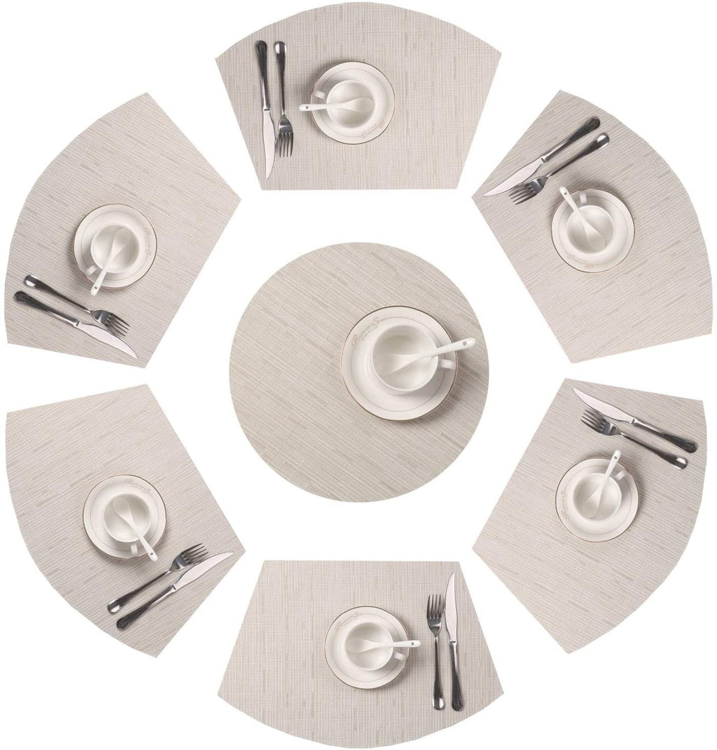 SHACOS Small Round Table Placemats Set of 5 Woven Vinyl Wedge Placemats with Centerpiece Round Table Mats Heat Resistant Wipe Clean (5, Black Gray)