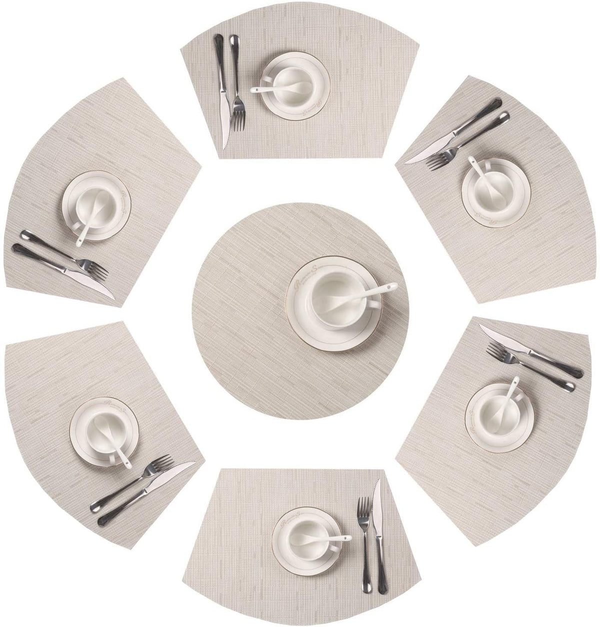SHACOS Small Round Table Placemats Set of 5 Woven Vinyl Wedge Placemats with Centerpiece Round Table Mats Heat Resistant Wipe Clean (5, Black Gray)