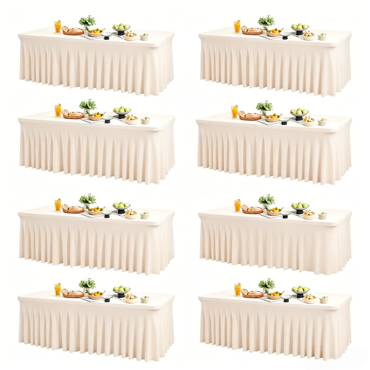 Wish Care 2 Pack Ivory Spandex Table Clothes for 6 Foot Rectangle Tables, 6FT Wrinkle Free Fitted Tablecloths Ruffles Design Table Cover for Party, Banquet, Wedding and Events