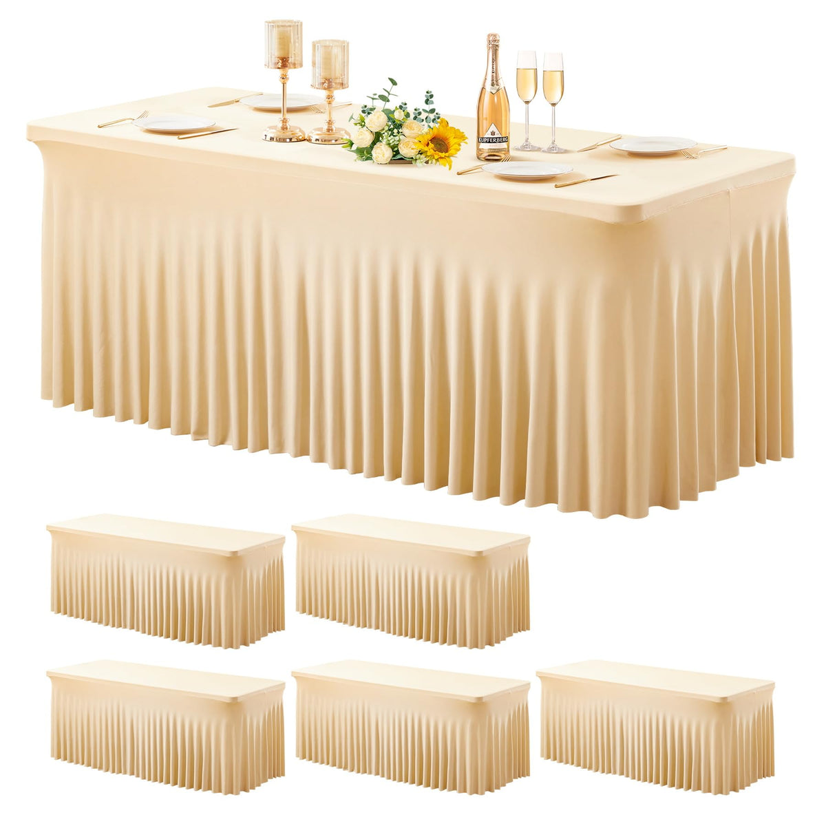 Wish Care 2 Pack Ivory Spandex Table Clothes for 6 Foot Rectangle Tables, 6FT Wrinkle Free Fitted Tablecloths Ruffles Design Table Cover for Party, Banquet, Wedding and Events