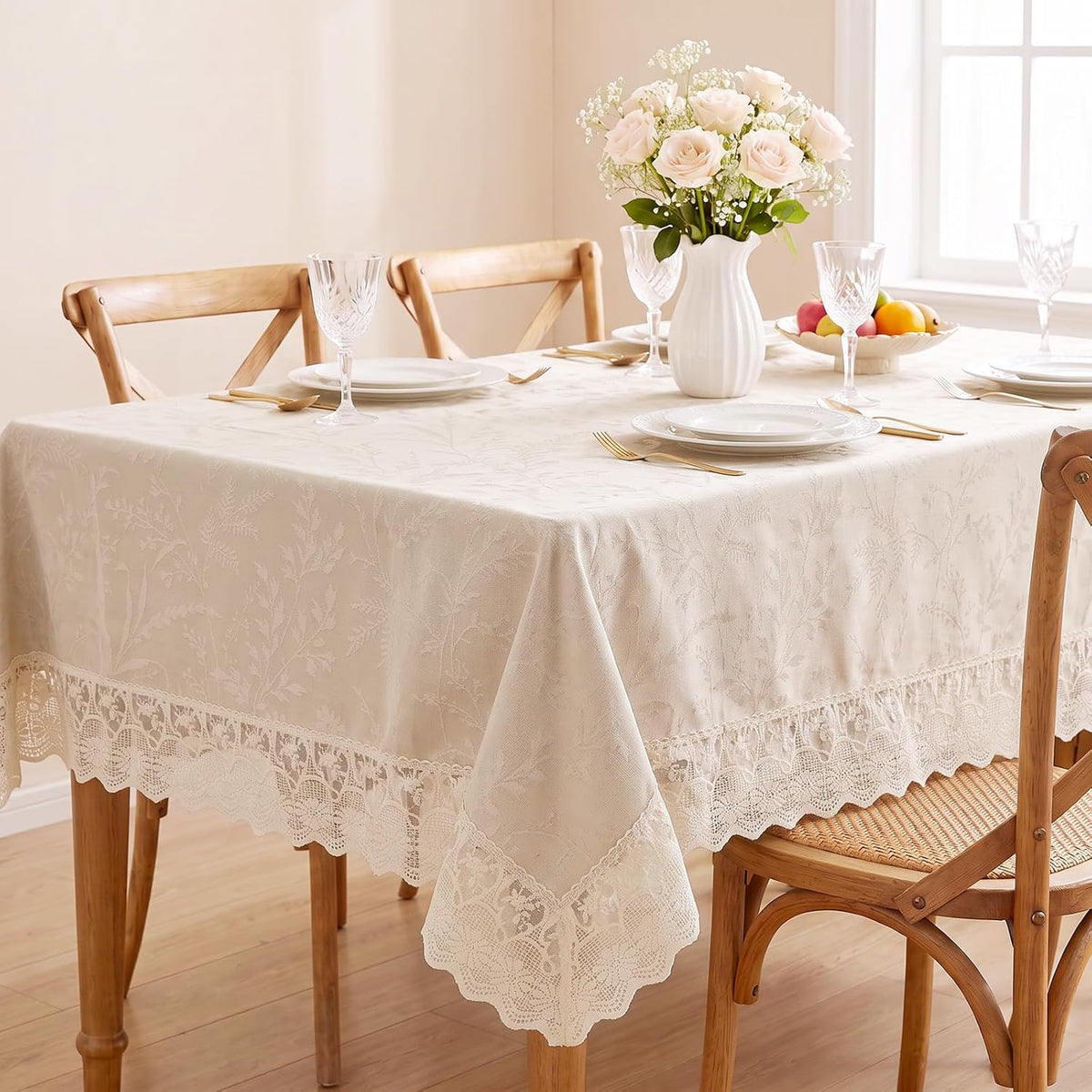 Cream Vintage Floral Tablecloth, French Farmhouse Ruffled Lace 60" x 80" Oblong Stain & Wrinkle Resistant Fabric