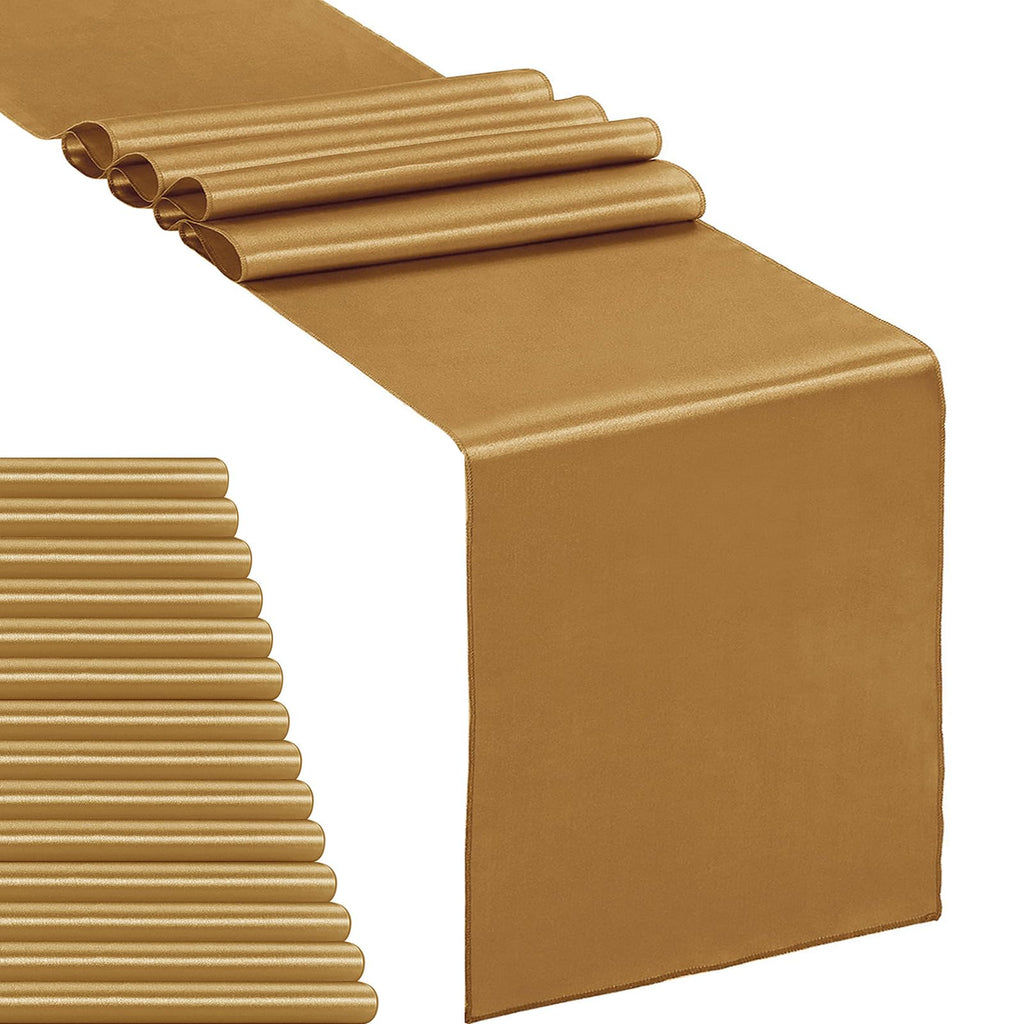 10-Pack Satin Table Runner Light Gold 12 x 108 inches Long, Table Runners for Wedding, Birthday Parties, Banquets Decorations（10 Pack, 12x108 Inch, Light Gold）