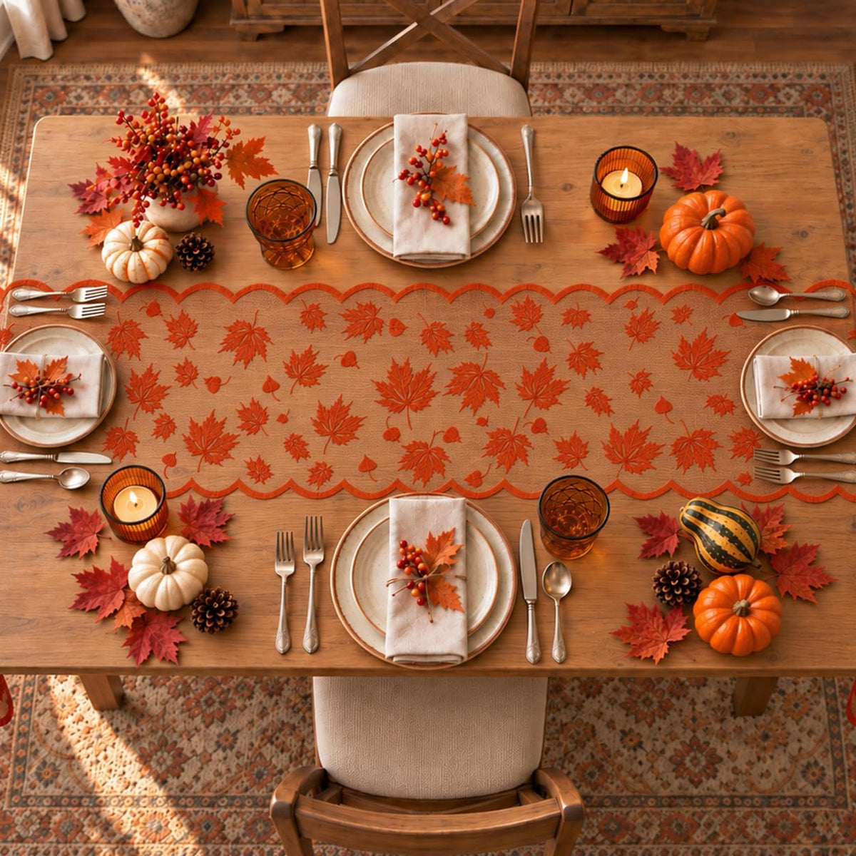 Fall Decorations for Home - Orange Lace Fall Leaves Table Runner