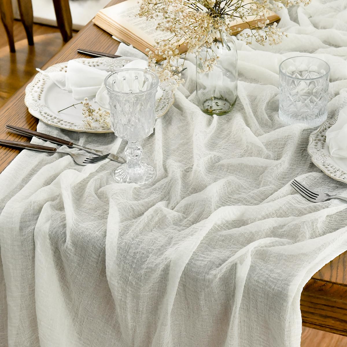 Artoid Mode Boho Cheesecloth Gauze Forest Green Wedding Table Runner, 160 Inch Seasonal Fabric Kitchen Dining Holiday Table Decor for Home Party Indoor