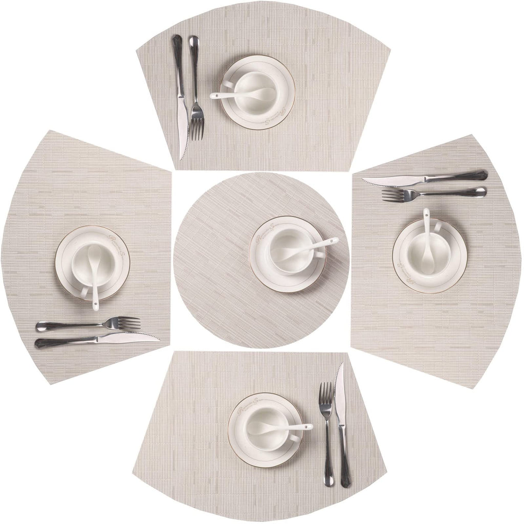 SHACOS Small Round Table Placemats Set of 5 Woven Vinyl Wedge Placemats with Centerpiece Round Table Mats Heat Resistant Wipe Clean (5, Black Gray)