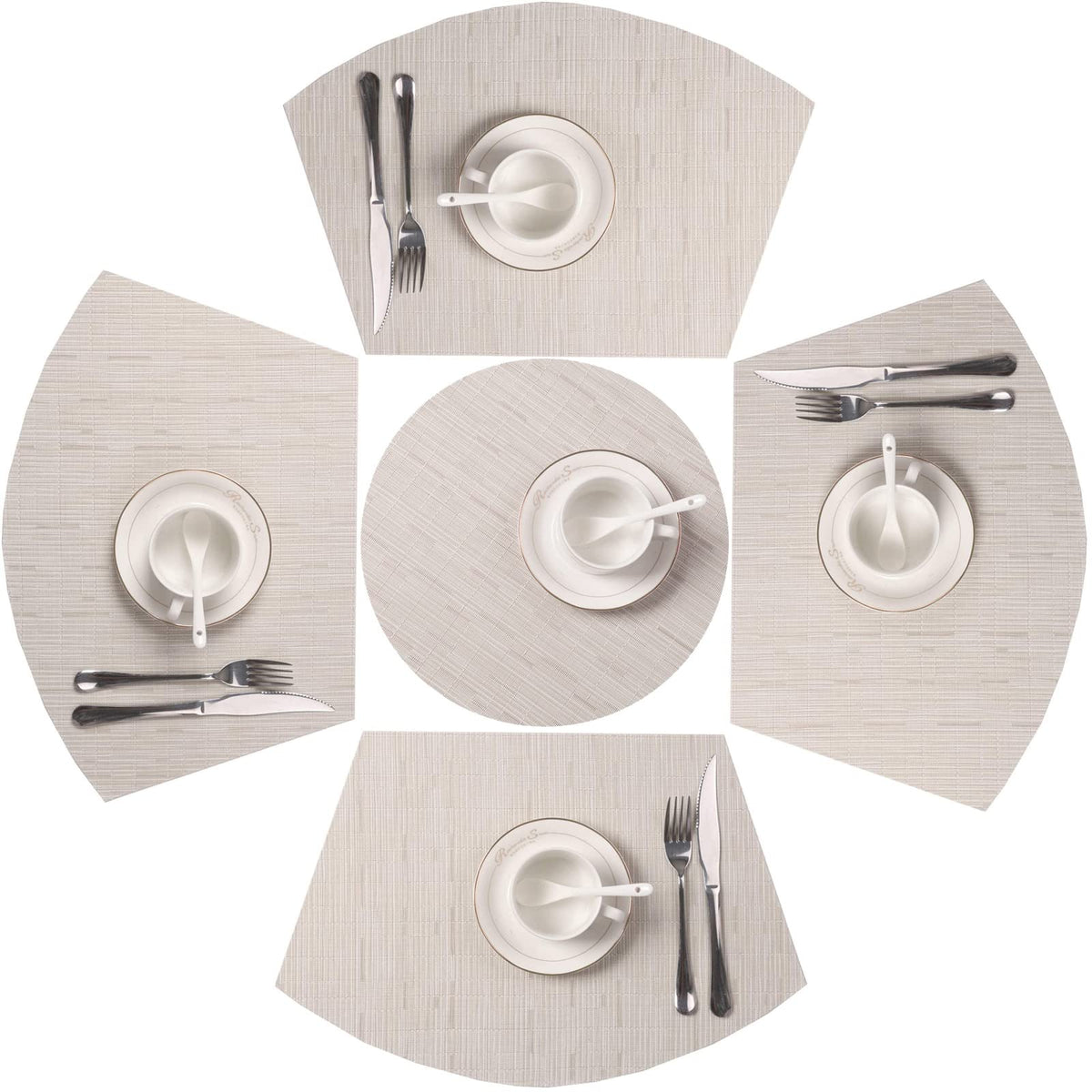 SHACOS Small Round Table Placemats Set of 5 Woven Vinyl Wedge Placemats with Centerpiece Round Table Mats Heat Resistant Wipe Clean (5, Black Gray)