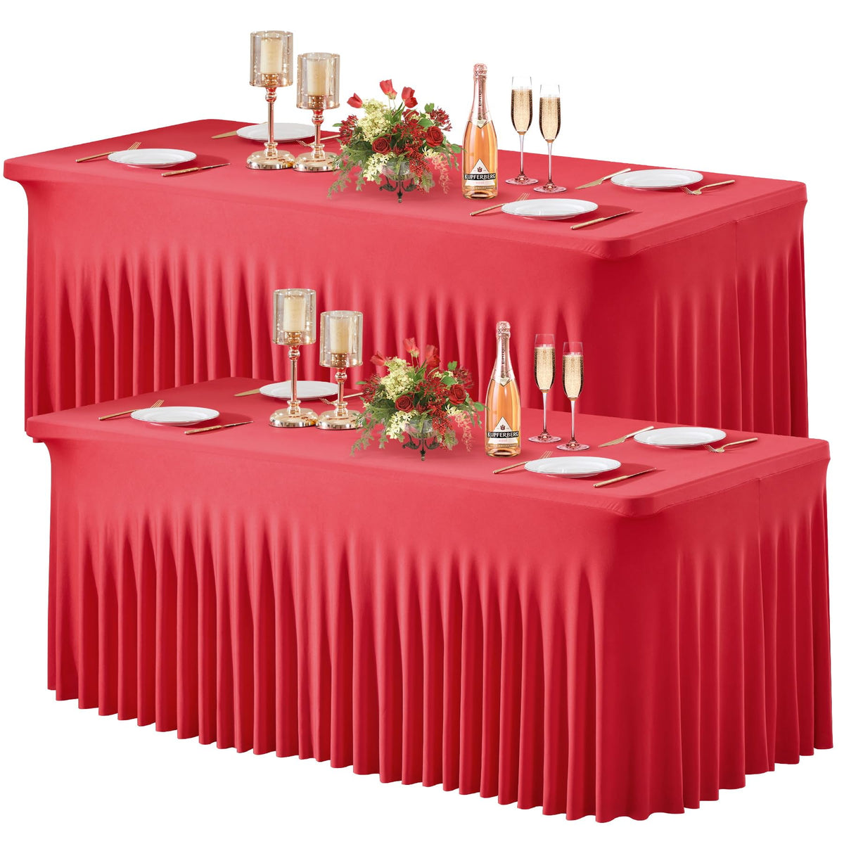 Wish Care 2 Pack Ivory Spandex Table Clothes for 6 Foot Rectangle Tables, 6FT Wrinkle Free Fitted Tablecloths Ruffles Design Table Cover for Party, Banquet, Wedding and Events