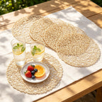 IcosaMro Beige Round Placemats Set of 6 for Dining Table, 15 Inch Paper Woven Boho Decorative Circle Place Mat for Wedding Christmas Thanksgiving Day Holiday Dinner, Beige