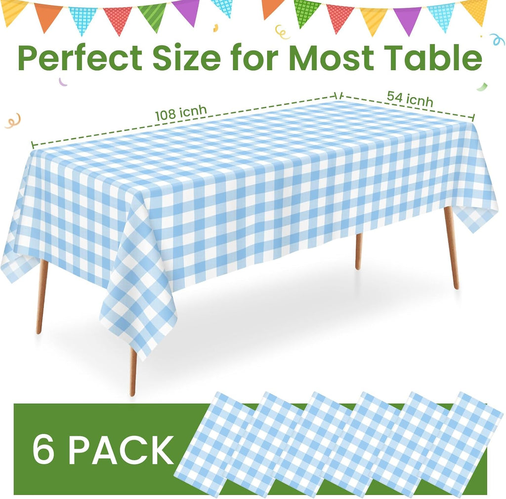 6 Pack Disposable Blue Gingham Plastic Tablecloth, 54 x 108 Inch