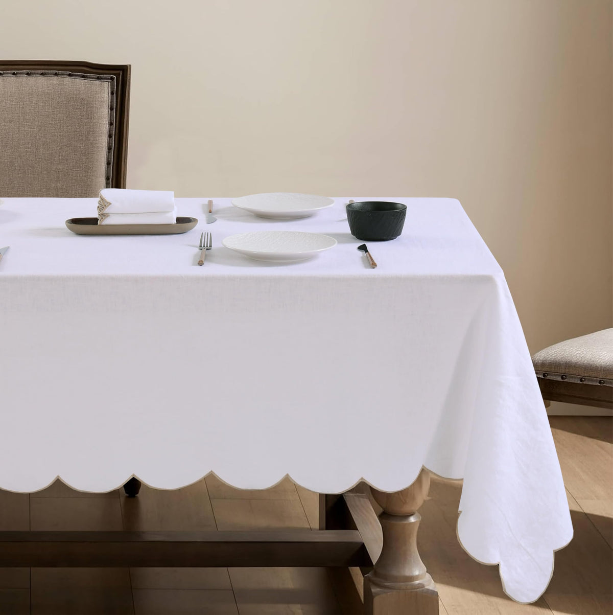 100% French Flax Linen Tablecloths Scalloped Embroidery Rectangle 132Lx60W Inch for Dinners, Parties, Spring, Machine Washable, 12-14 Sets, Linen(Edges-Gold)