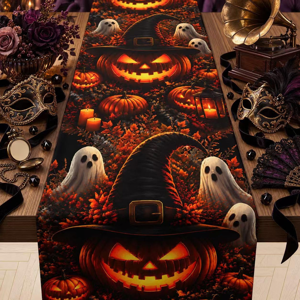 Halloween Decorations - Gothic Pumpkin Ghost Spider Web Table Runner