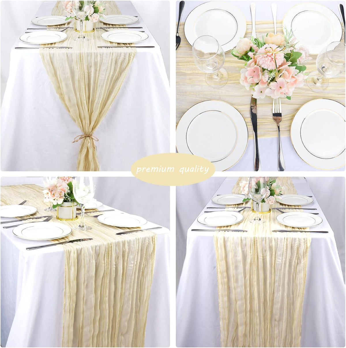 12 Pack 10Ft Cheesecloth Table Runner 35x120 Inch Boho Gauze Rustic Cheese Cloth Long Romantic Table Runner for Wedding Bridal Shower Birthday Party Table Decor (Beige)