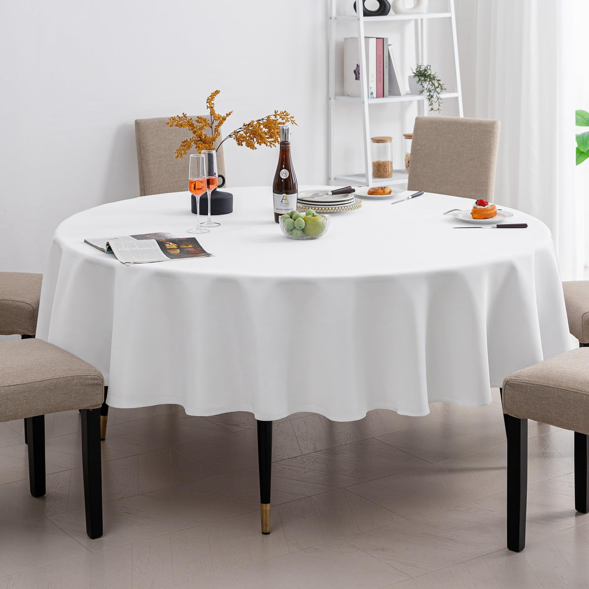 Amazon Basics Round Tablecloths, Decorative Solid Color Water-Resistant, Wipeable Circle Table Cloth Cover for Kitchen, Dining, 108", Beige, Pack of 2
