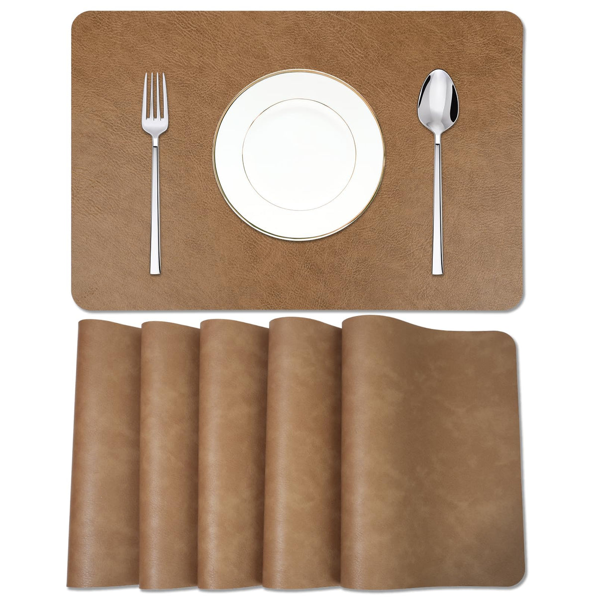 Cowhide Pattern Faux Leather Placemats Set of 6,Heat Resistant Non-Slip Waterproof Wipeable Washable Kitchen Dining PU Table Place Mats,Double-Sides Available,Black Brown