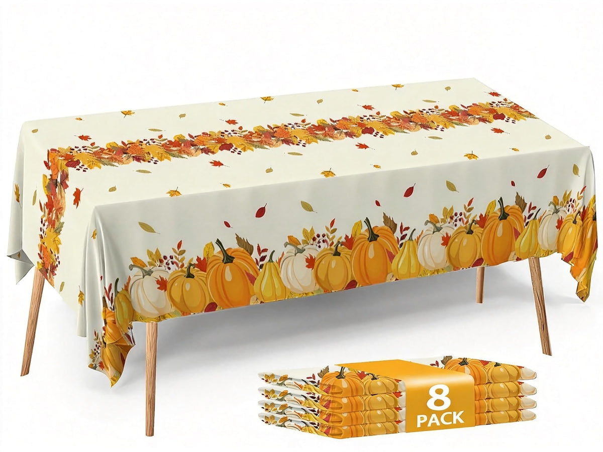 ATFUNSHOP Fall Plastic Tablecloth 4 Packs Thanksgiving Disposable Table Cloth 54x108 Rectangle Table Cover with Pumpkin & Maple Leaf for Holiday Dinner Party Decorations Outdoor Picnic & Baby Showers