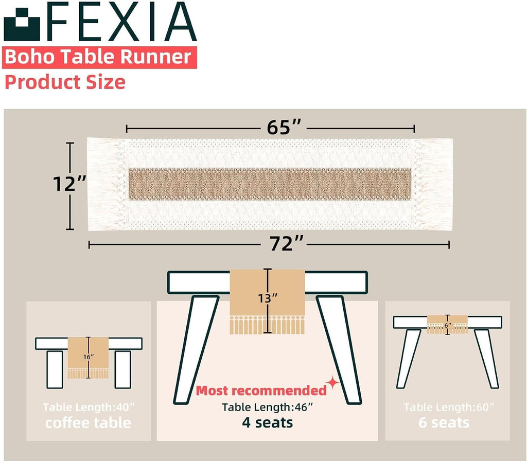 FEXIA Boho Table Runner for Fall Home Decor 12x72 Rustic with Tassels