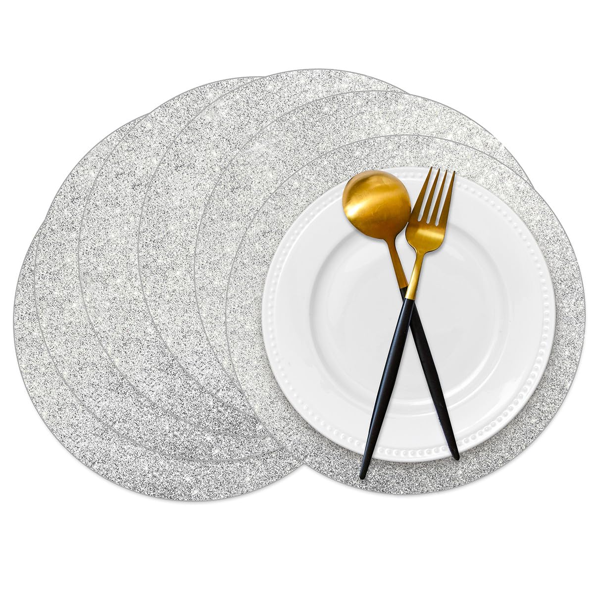 50 Pieces Gold Glitter Paper Place Mats Sparkle Round Disposable Table Mats Golden Sequin Doilies Decorative Placemats for Wedding Banquet Party Home Dining Tableware