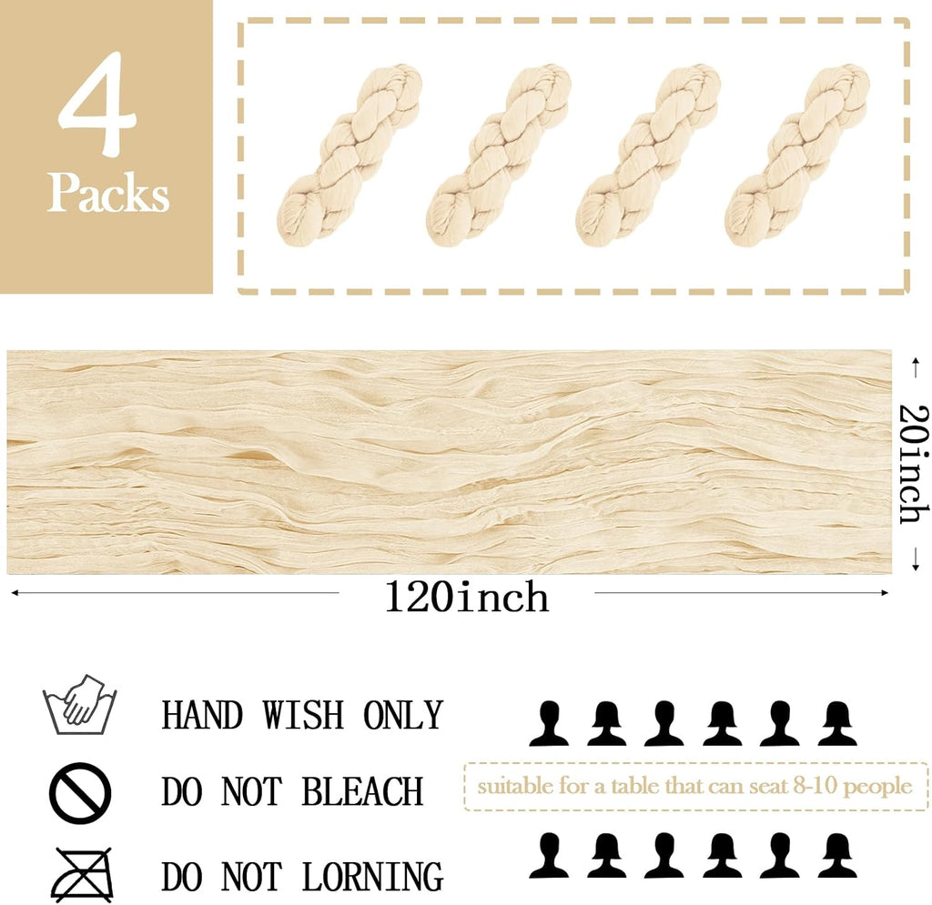 4 Pack Ivory Cheesecloth Table Runner 20 x 120 inch Gauze Table Runners 10 FT Long,Semi Sheer Cheese Cloth Fabric Table Runner Bulk for Wedding,Party,Baby Shower,Bridal Shower Decoration