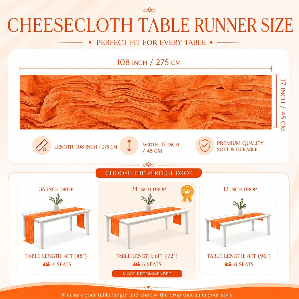 2 Pack Orange Cheesecloth Table Runner 17x108 Inch Boho Rustic Semi Sheer Gauze Cheese Cloth Table Runner for Wedding Bridal Shower Baby Shower Party Farmhouse Dining Table Decor