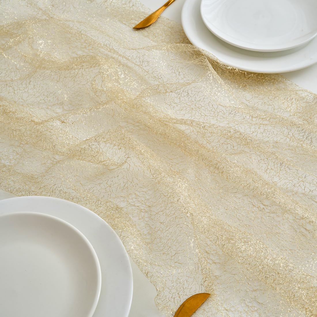 MANGATA CASA 2pcs 10FT Boho Tulle Cheesecloth Table Runner, Sheer Decor for Wedding Birthday Graduation Party（Gold-28"x120"