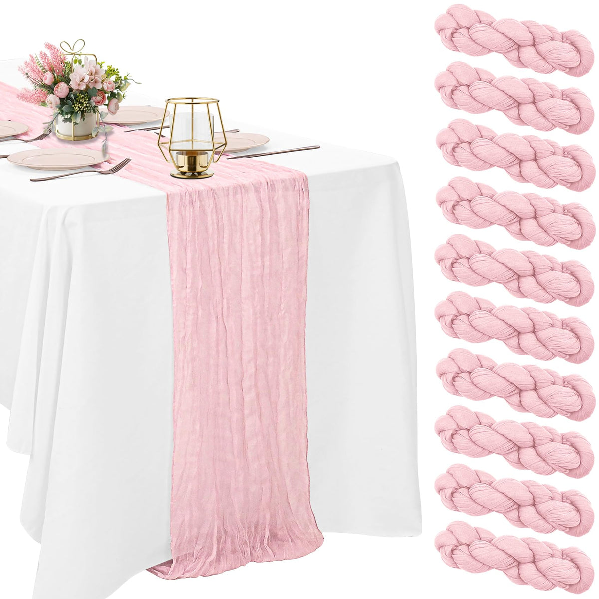10 Pack Dusty Pink Cheesecloth Table Runner 10FT Boho Gauze Fabric Table Runner Vintage Rustic Sheer Runners for Wedding Party Bridal Baby Shower Long Table Decorations