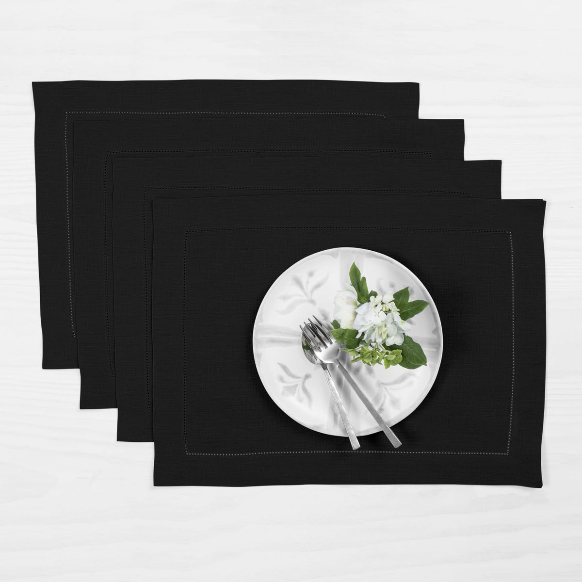Solino Home 100% Pure Linen Placemats Green Hemstitch, 14 x 19 in, Set of 4
